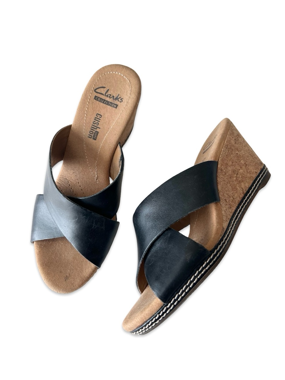 Clarks black leather wedges Size 6.5 Cork wedges Open toe Soft Cushion Comfort